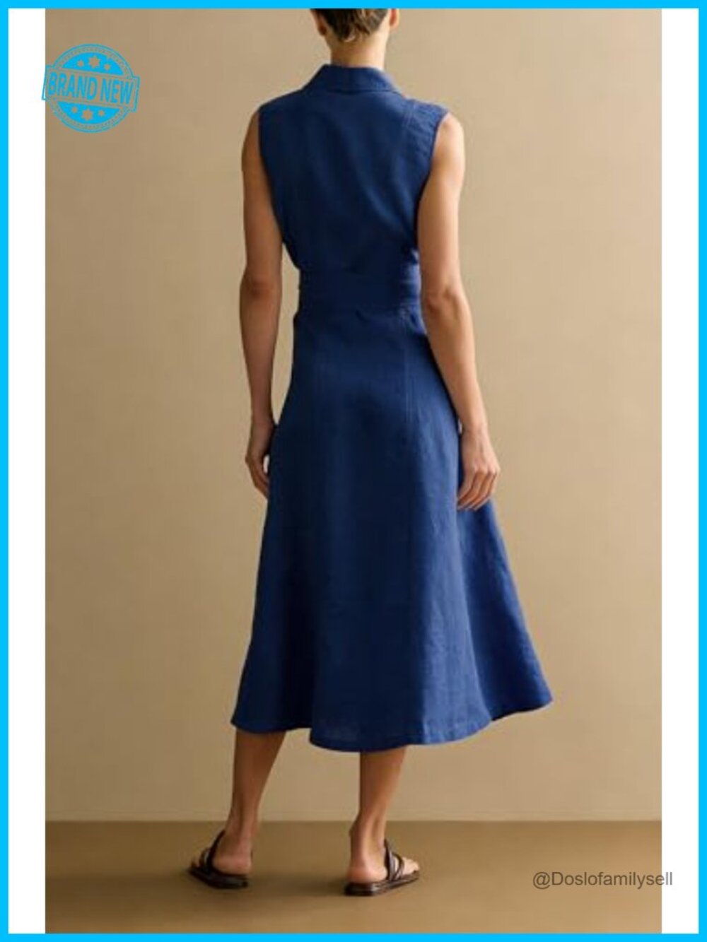 Linen Cotton Collared Shirt Dress V-Neck Sleeveless Button Down Midi - Picture 5 of 6